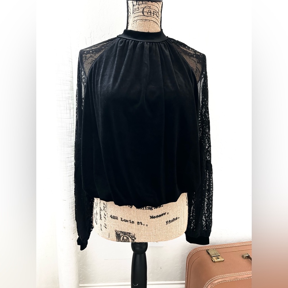 NWT Black Velvet and Lace Blouse